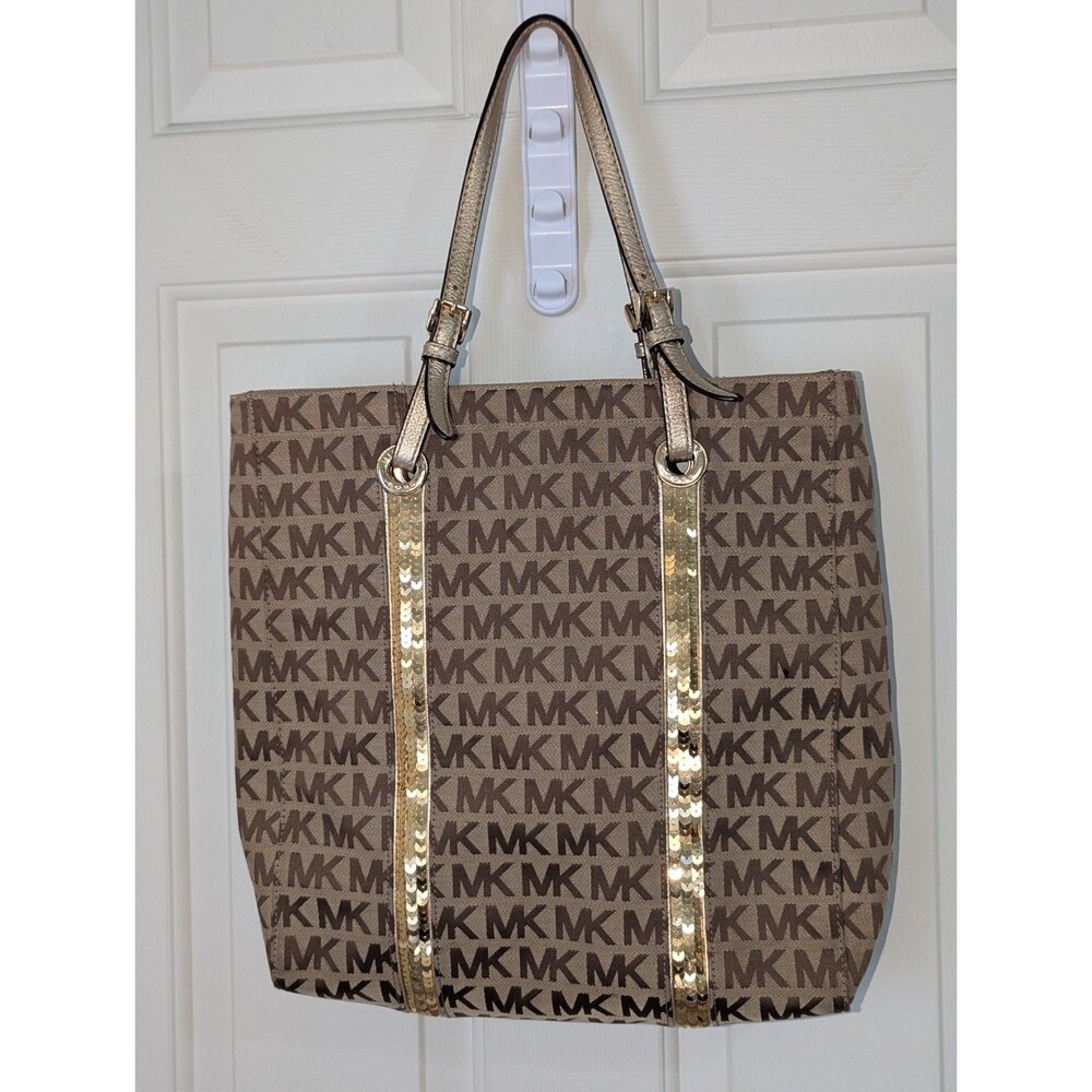 Michael Kors Large Monogram Tote Shoulder Bag Brown Gold Sequin Canvas Boho Glam